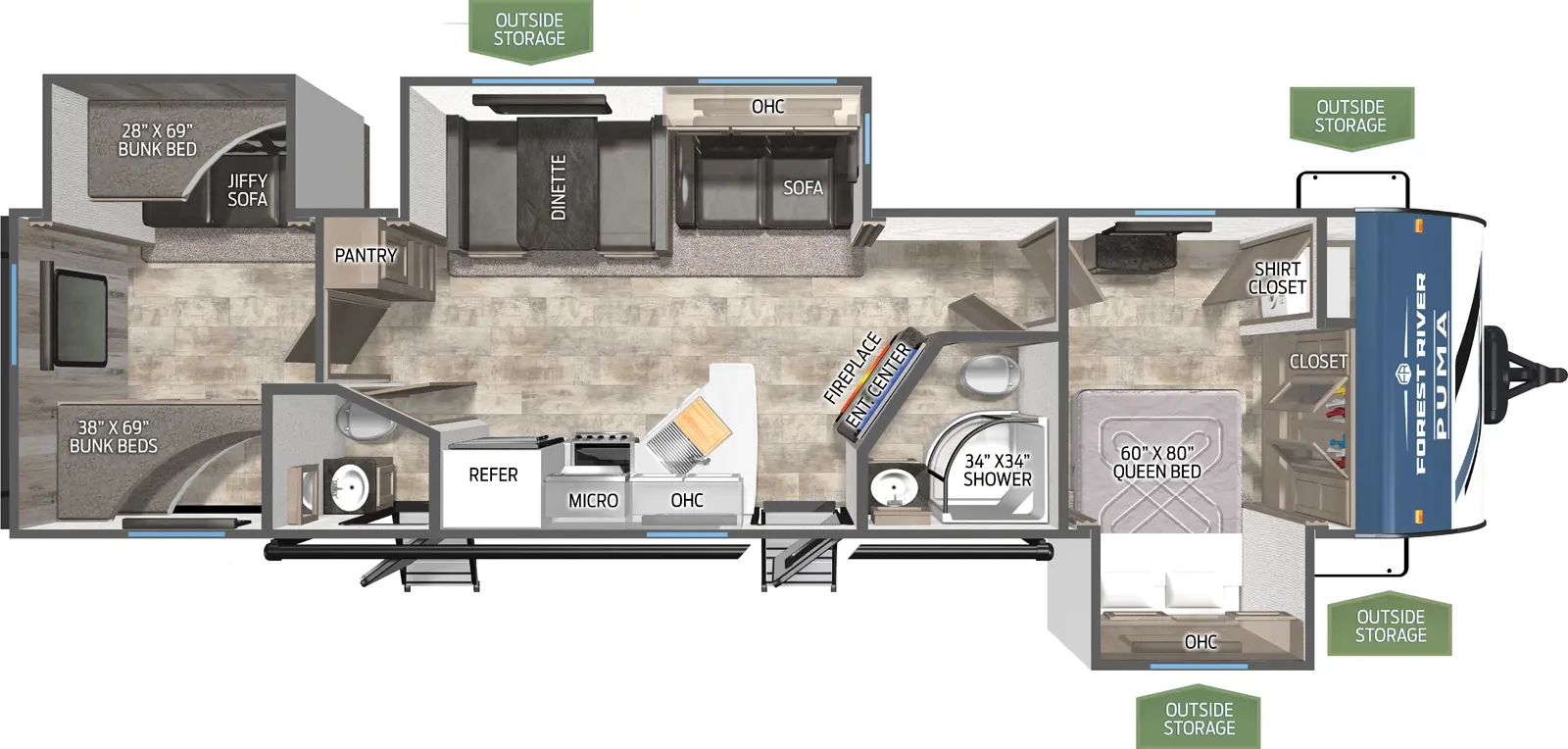 The Puma 32BHQS floorplan has two entries and three slide outs. Exterior features include: metal exterior and 19' awning. Interiors features include: bunk beds, front bedroom and bathroom and a half.